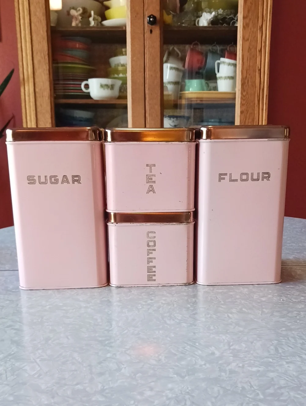 Vintage~ Pink & Copper Kitchen Canister Set - Sugar, Flour, Coffee, Tea